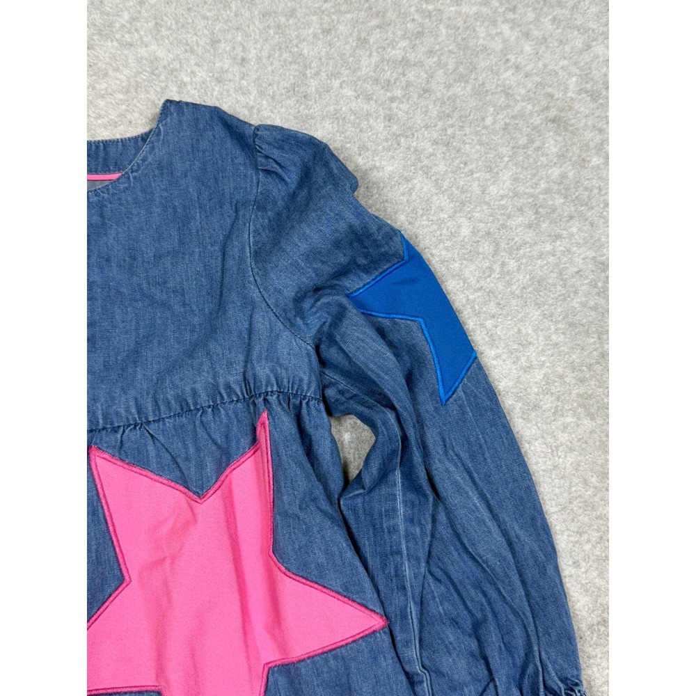 Mini Boden Betsy Tiered Chambray Denim Star Applique Dress Blue Girls 6-7Y - Picture 5 of 10